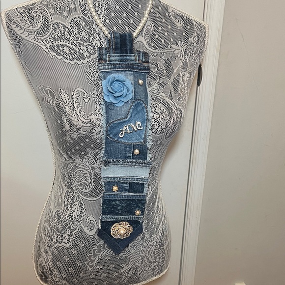 Hand Crafted Accessories - Embellished Denim Necktie Necklace with Floral Accents